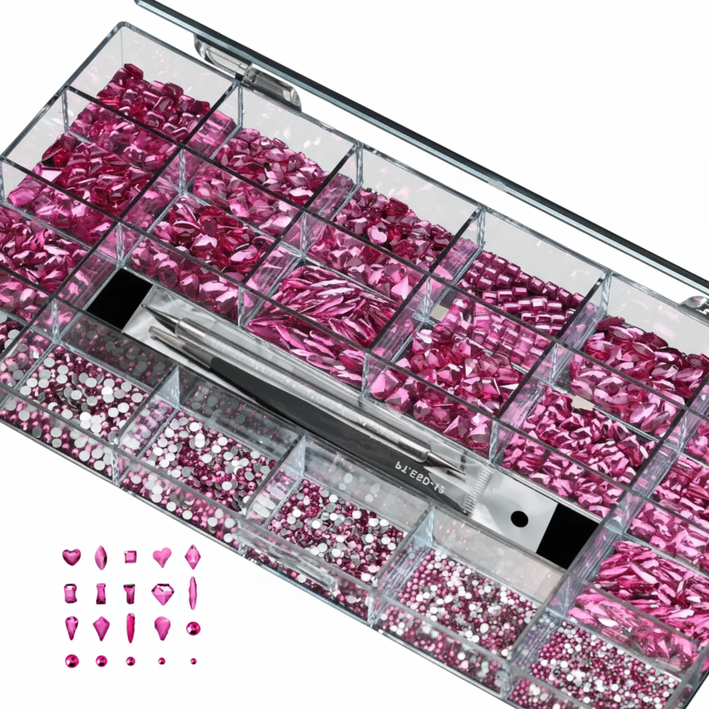 1000-Piece Hot Pink AB Crystal Nail Art Tray