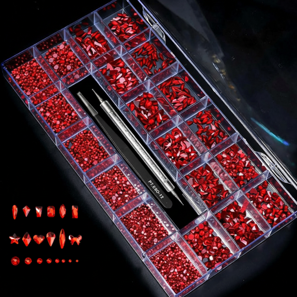 1000 pcs Red AB Crystal Nail Art Tray Set